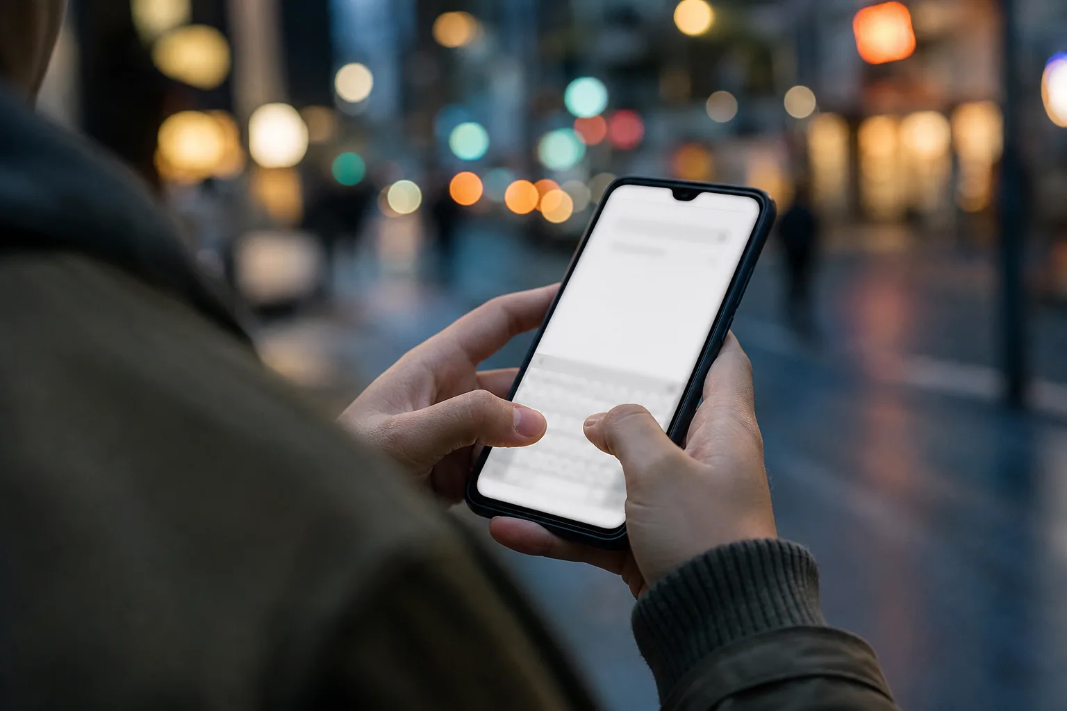 Person searching on a smartphone on a Tokyo street at dusk