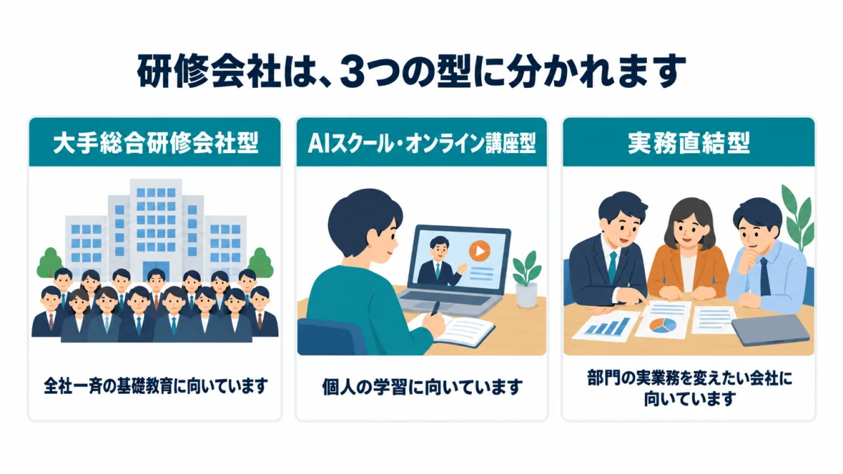 研修会社の3つの型。大手総合研修会社型は全社一斉の基礎教育、AIスクール・オンライン講座型は個人の学習、実務直結型は部門の実業務を変えたい会社に向いている