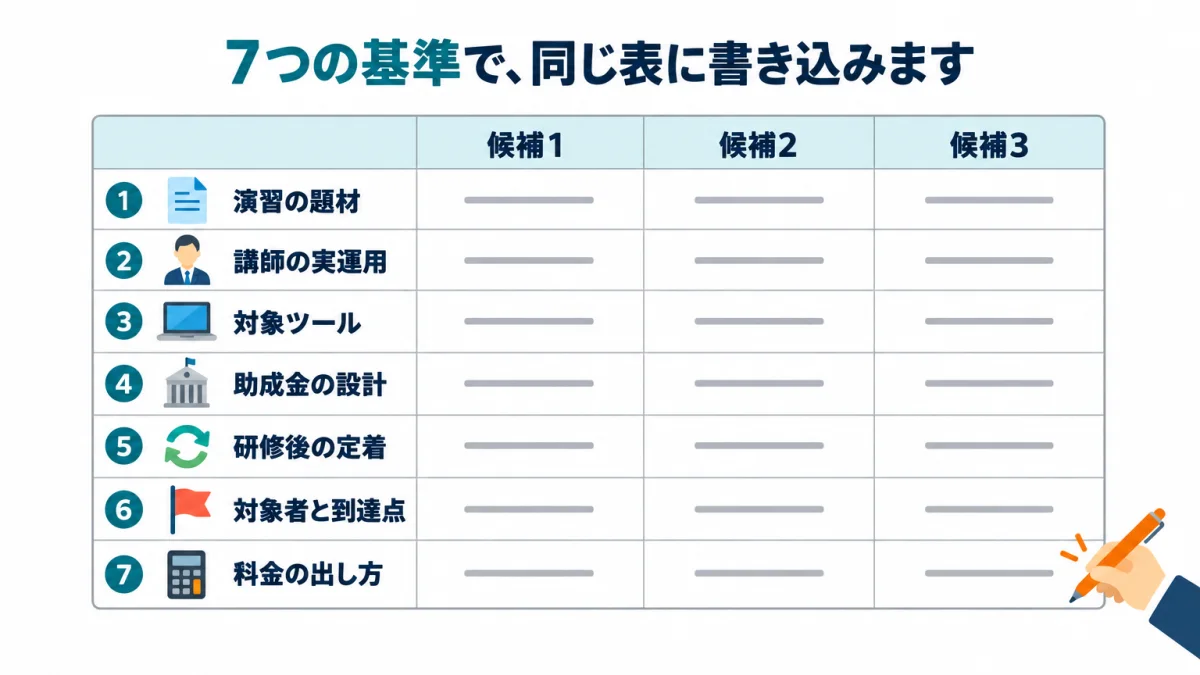 7つの基準（演習の題材・講師の実運用・対象ツール・助成金の設計・研修後の定着・対象者と到達点・料金の出し方）を、候補の会社ごとに同じ表へ書き込む図