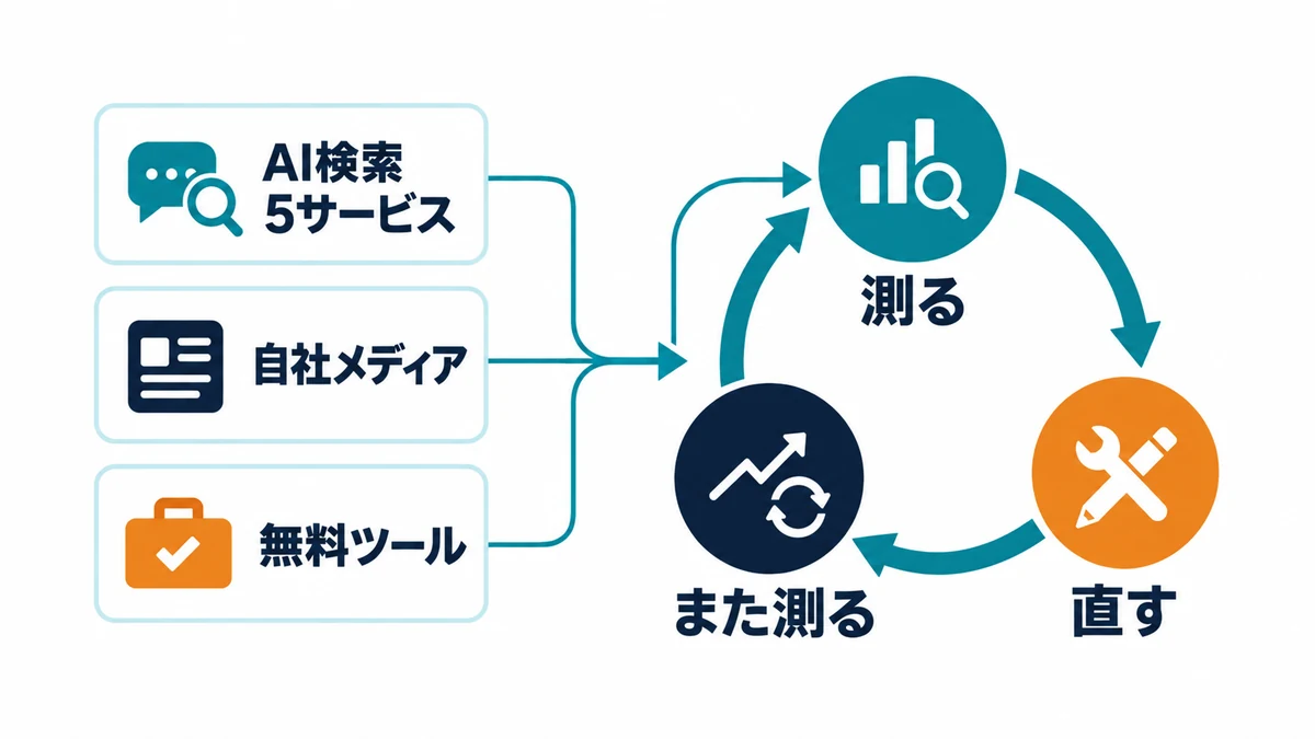AI検索5サービス・自社メディア・無料ツールを対象に、測る・直す・また測るを繰り返す循環の図