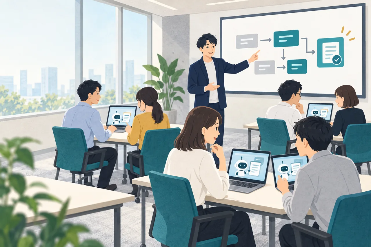 研修室で受講者がノートPCでAIエージェントを動かし、講師が業務の流れを図で説明している