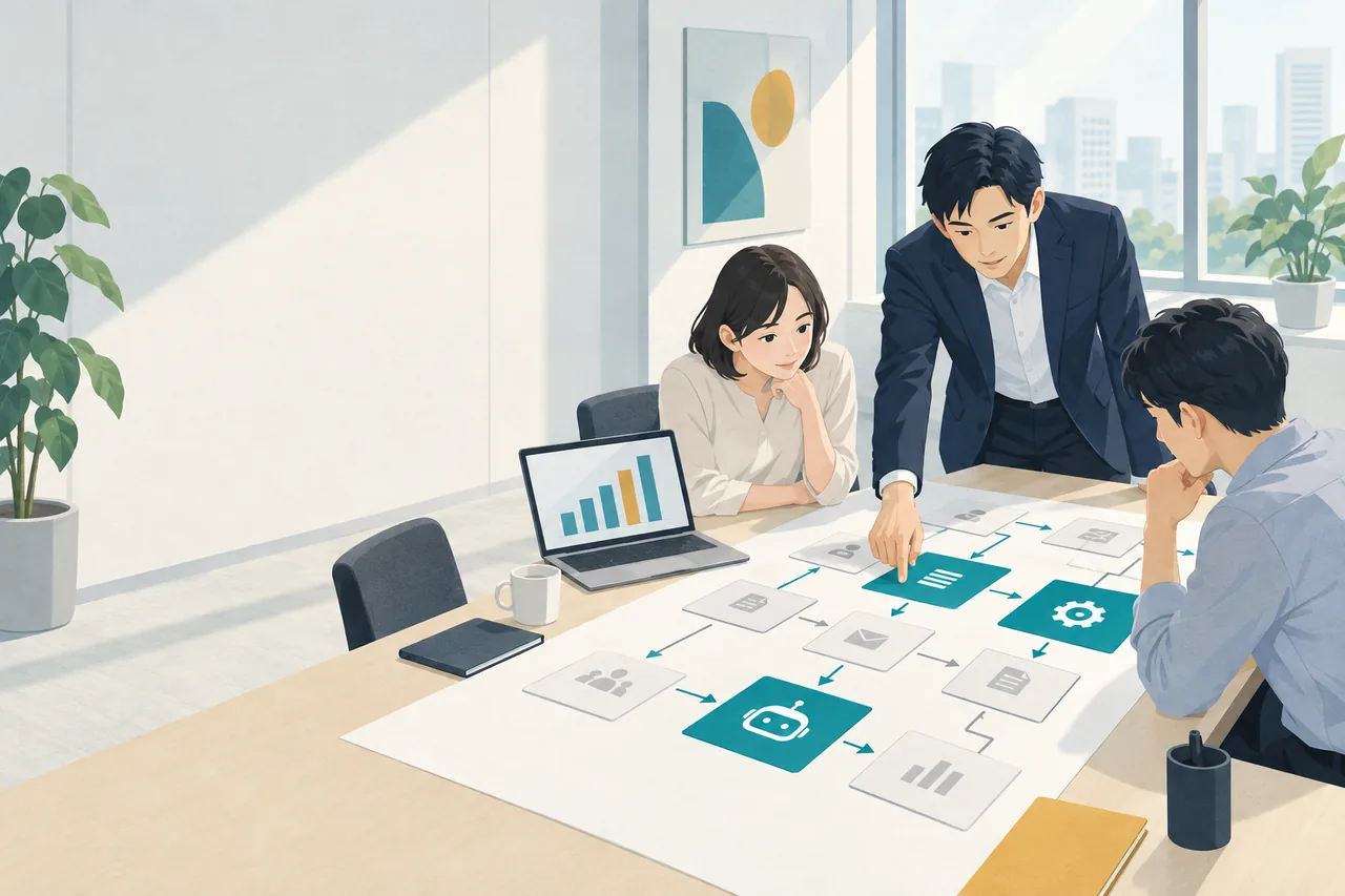 業務の流れを並べた図を囲み、AIに任せる仕事を選んでいる打ち合わせ