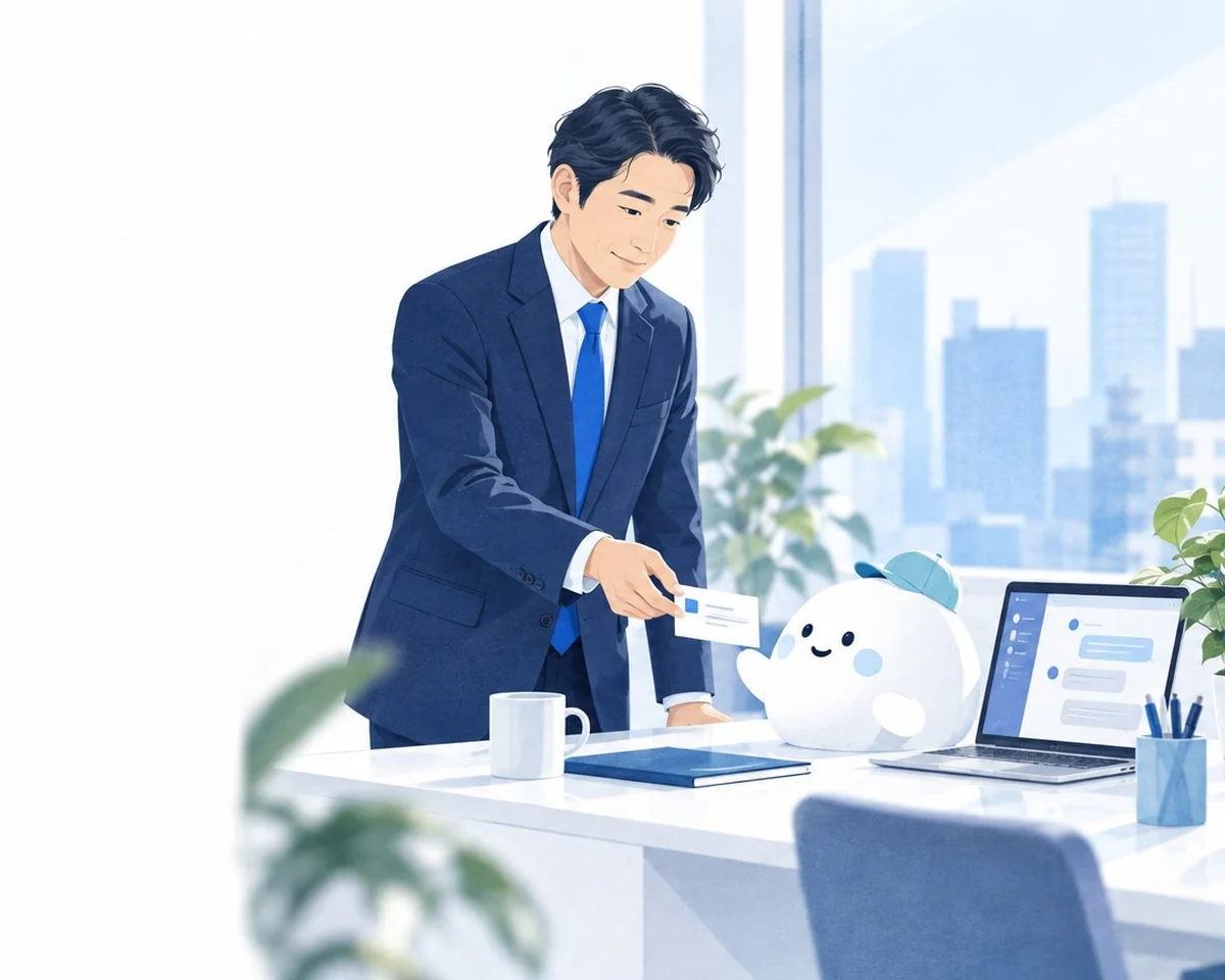 担当者がAI社員に業務を渡している様子のイラスト