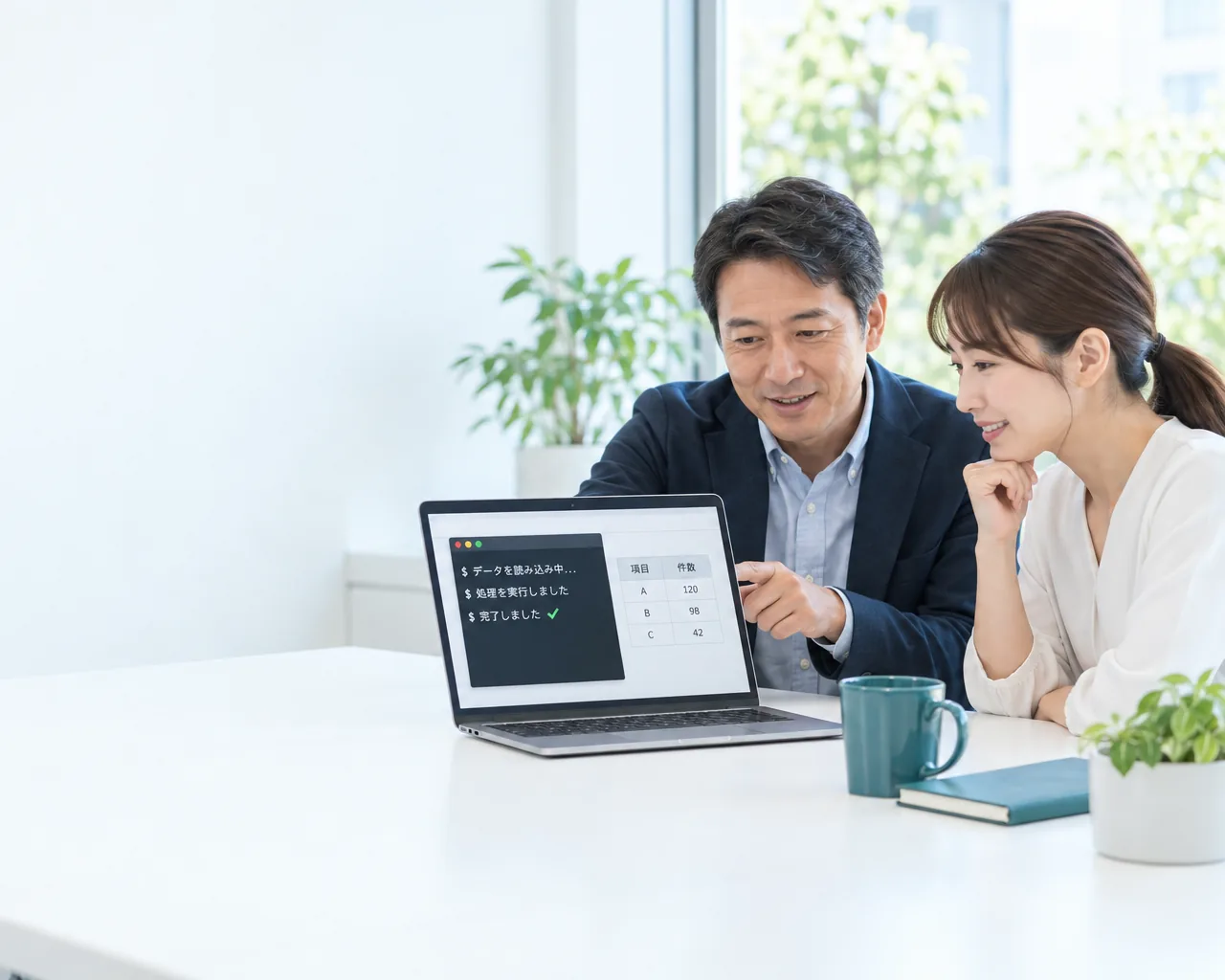 Claude Code が処理を終えた画面を、部門の担当者 2 人で確認している
