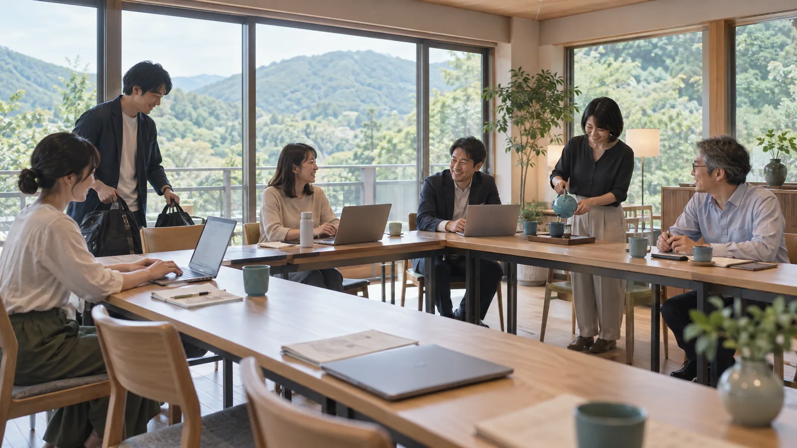 山の見える明るい会議室に到着した受講者が、ノートPCを開いて席につく様子