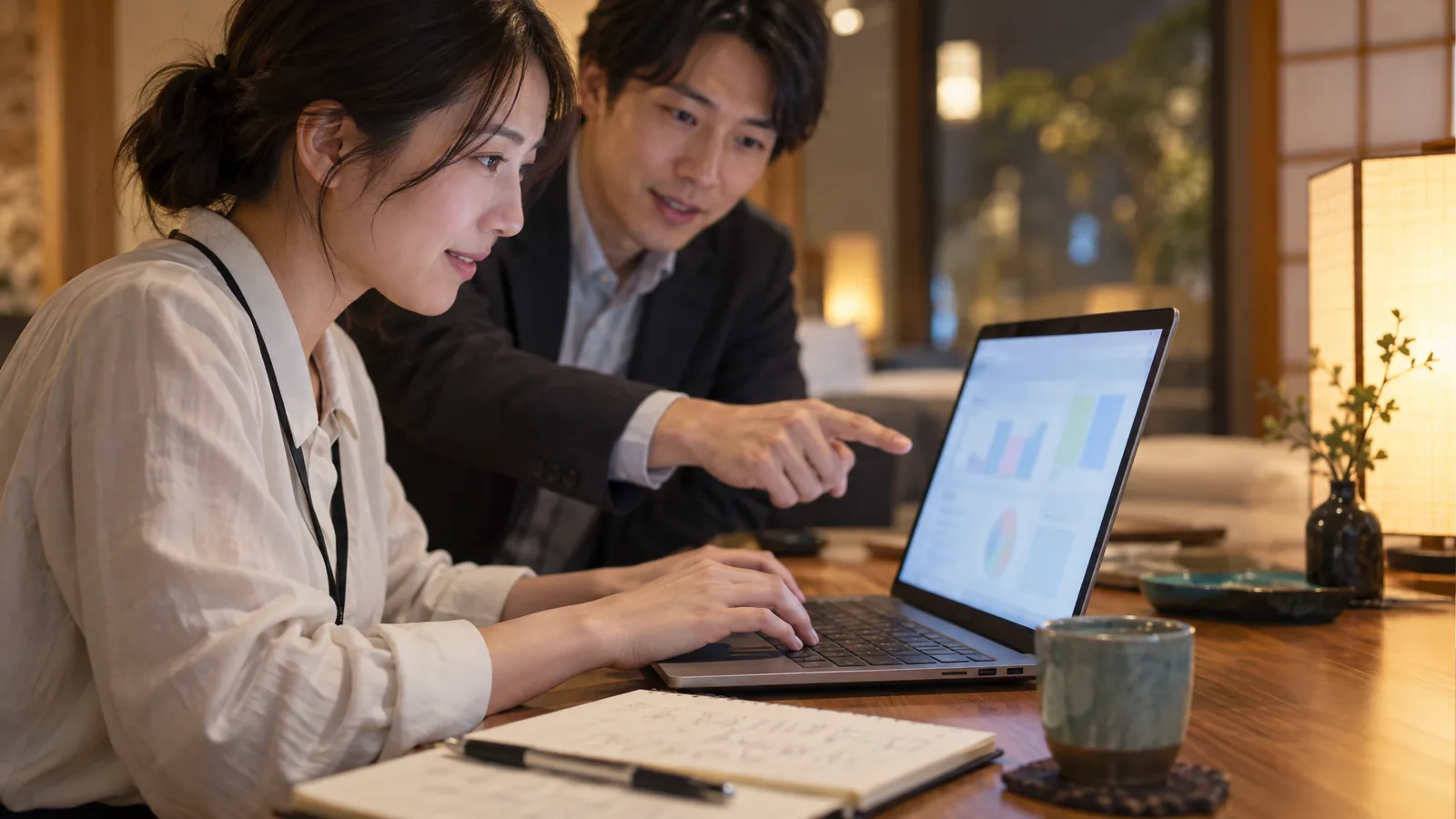 夜の会議室で、ノートPCに向かう受講者の画面を講師が指さして手伝う様子