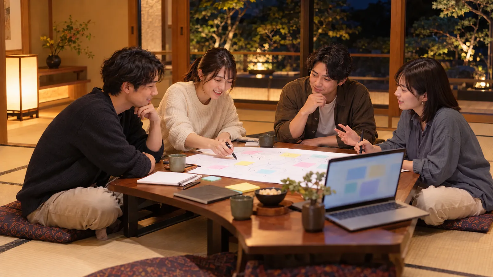 夜、宿のラウンジで推進担当のメンバーが運用ルールの草案を書いている様子