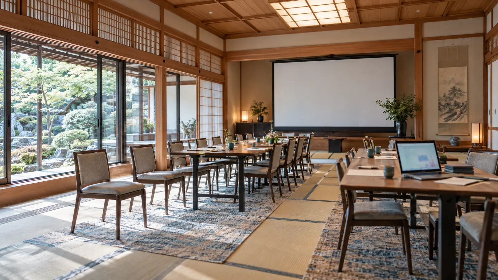 庭に面した畳の広間に、机と椅子とスクリーンを置いた保養所の会場