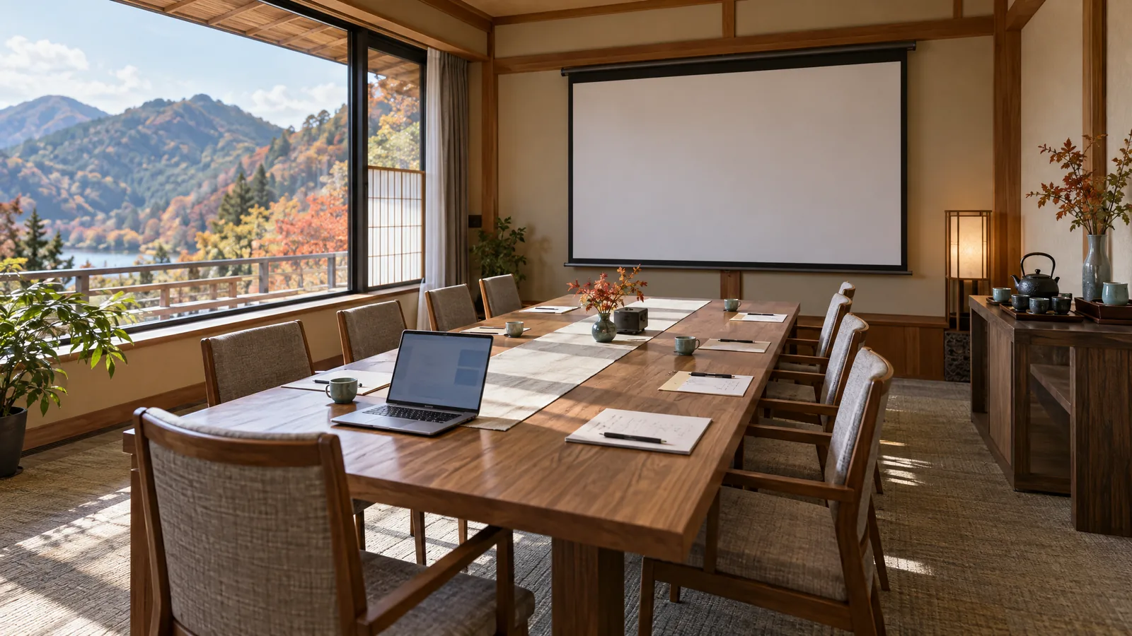 山の見える窓と大きな木の机、スクリーンのある宿の会議室