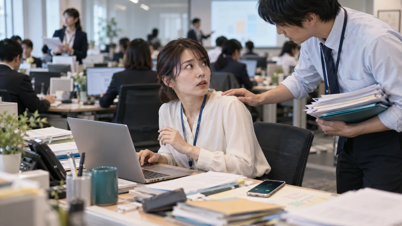 オフィスの席でノートPCに向かう社員が、同僚に肩をたたかれ、机のスマートフォンにも着信が来ている様子