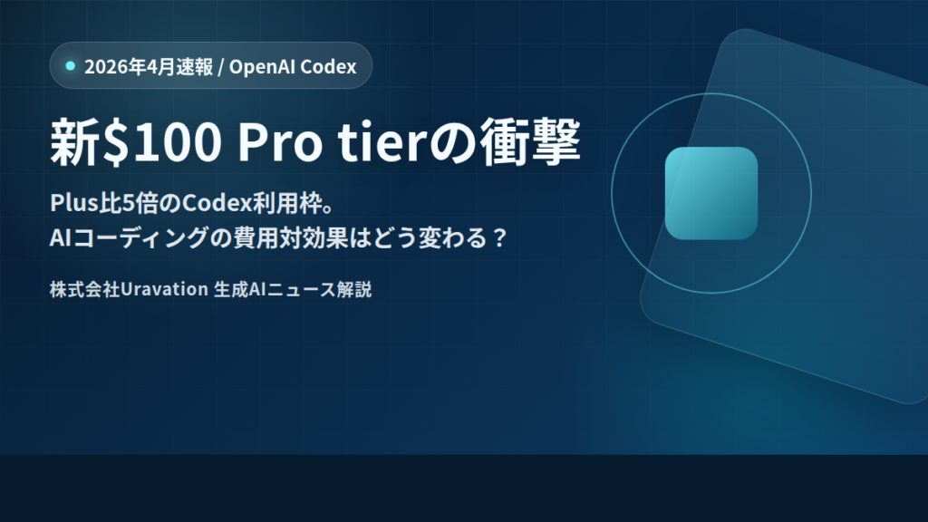 【2026年4月速報】OpenAI新$100 Pro tierの衝撃｜Codex 5倍枠でAI開発の費用対効果はどう変わる？