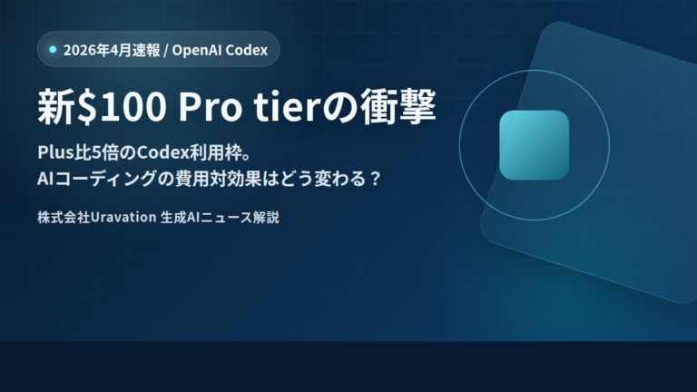 【2026年4月速報】OpenAI新$100 Pro tierの衝撃｜Codex 5倍枠でAI開発の費用対効果はどう変わる？