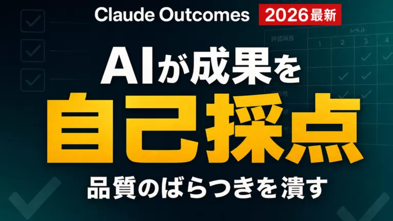 Claude Outcomes解説のサムネイル。AIが成果を自己採点しルーブリックで品質のばらつきを潰す新機能