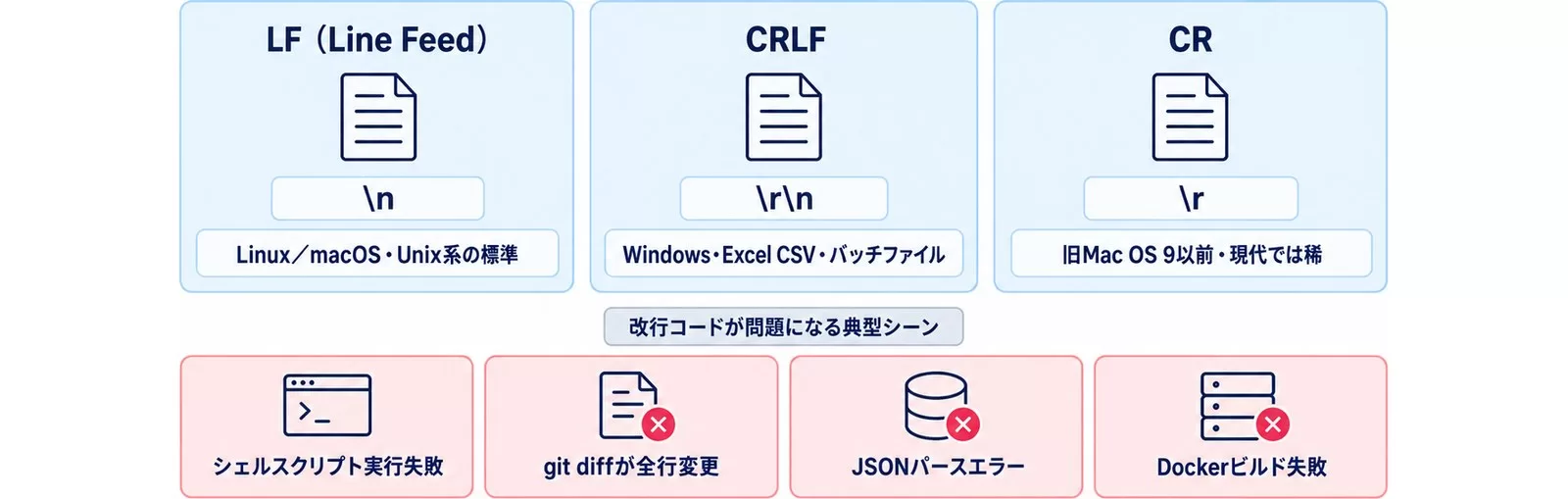 3種類の改行コード(LF・CRLF・CR)のOS別デフォルトと、問題になる典型シーンを示す図