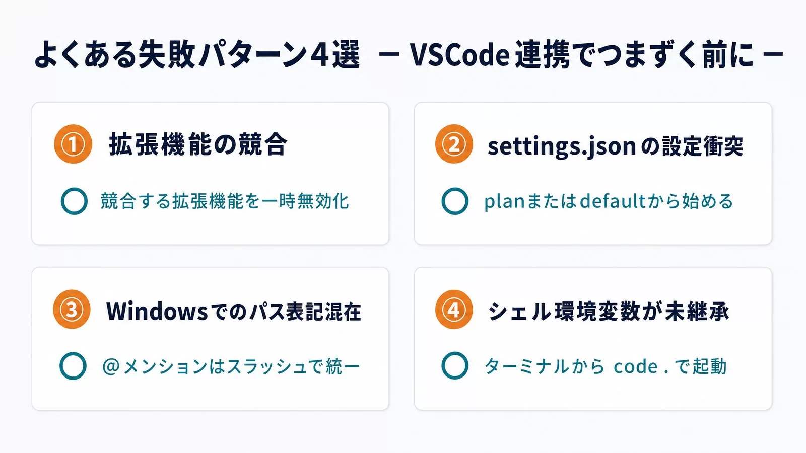 VSCode連携でよくある失敗パターン4選（拡張機能の競合・settings.jsonの設定衝突・Windowsでのパス表記混在・シェル環境変数が未継承）と対処の図解