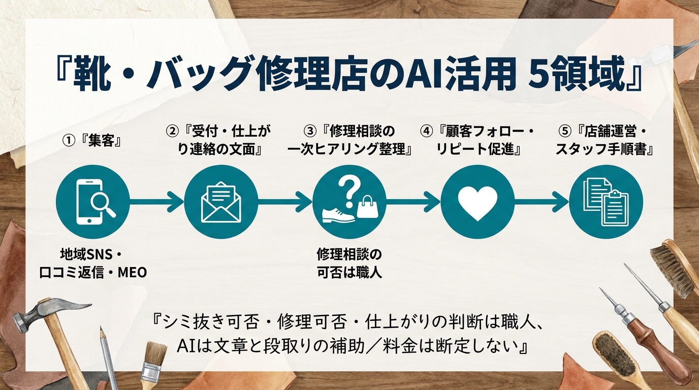 靴・バッグ修理店のAI活用5領域。①集客（地域SNS・口コミ返信・MEO）②受付・仕上がり連絡の文面 ③修理相談の一次ヒアリング整理（可否は職人）④顧客フォロー・リピート促進 ⑤店舗運営・スタッフ手順書。修理可否・仕上がりの判断は職人、AIは文章と段取りの補助。