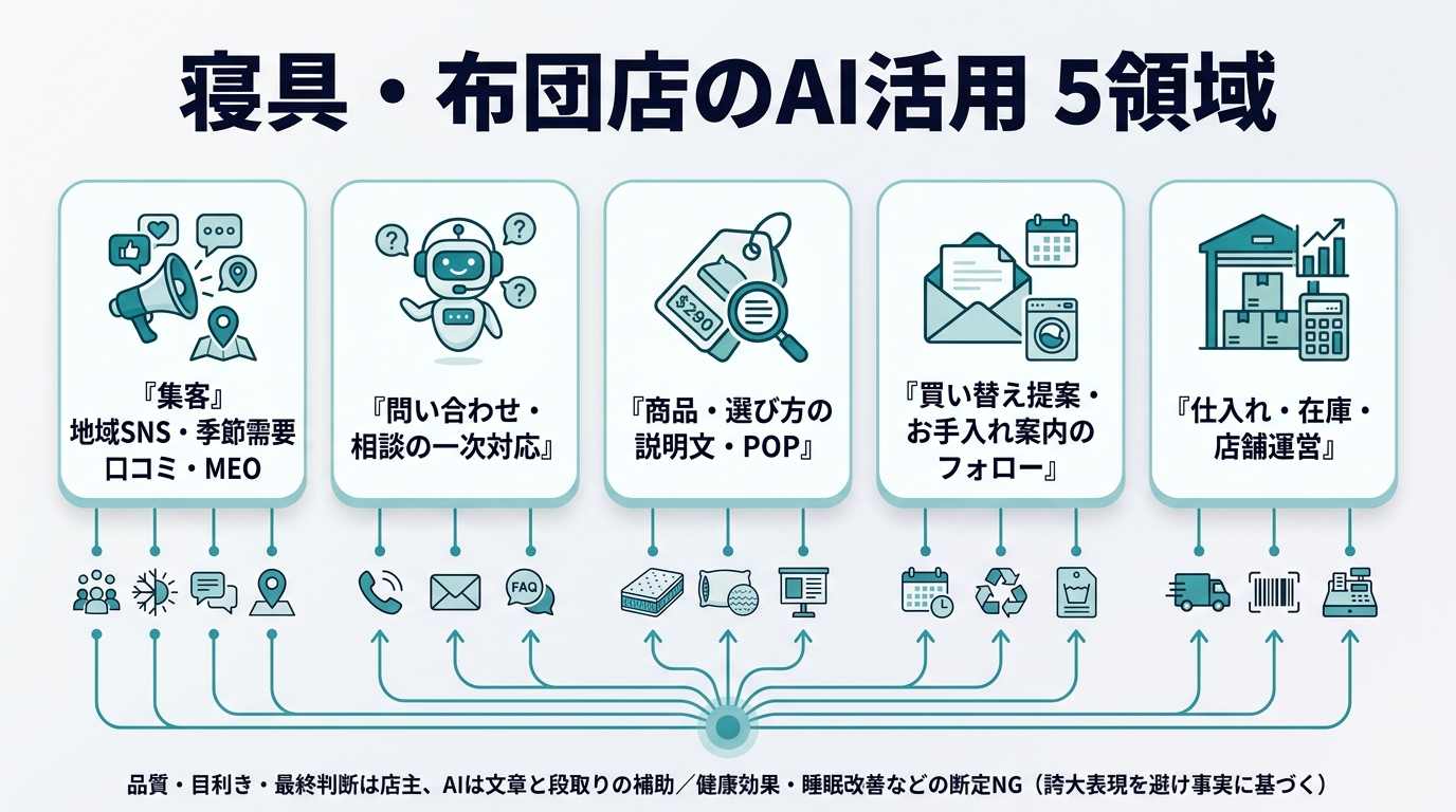 寝具・布団店のAI活用5領域。①集客（地域SNS・季節需要・口コミ・MEO）②問い合わせ・相談の一次対応 ③商品・選び方の説明文・POP ④買い替え提案・お手入れ案内のフォロー ⑤仕入れ・在庫・店舗運営。品質・目利き・最終判断は店主、AIは文章と段取りの補助。健康効果・睡眠改善などの断定NG（誇大表現を避け事実に基づく）。