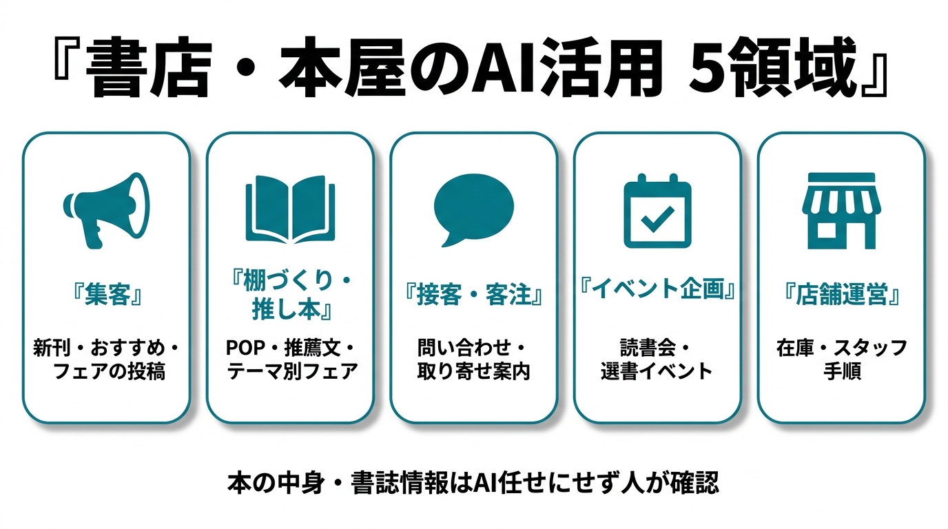 書店・本屋のAI活用5領域。①集客（新刊・おすすめ・フェアの投稿）②棚づくり・推し本（POP・推薦文・テーマ別フェア）③接客・客注（問い合わせ・取り寄せ案内）④イベント企画（読書会・選書イベント）⑤店舗運営（在庫・スタッフ手順）。本の中身・書誌情報はAI任せにせず人が確認。