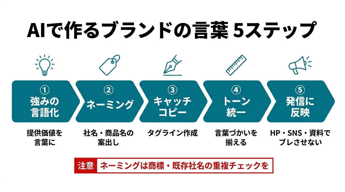AIで作るブランドの言葉の5ステップ。①強みの言語化（提供価値を言葉に）②ネーミング（社名・商品名の案出し）③キャッチコピー（タグライン作成）④トーン統一（言葉づかいを揃える）⑤発信に反映（HP・SNS・資料でブレさせない）。ネーミングは商標・既存社名の重複チェックを。