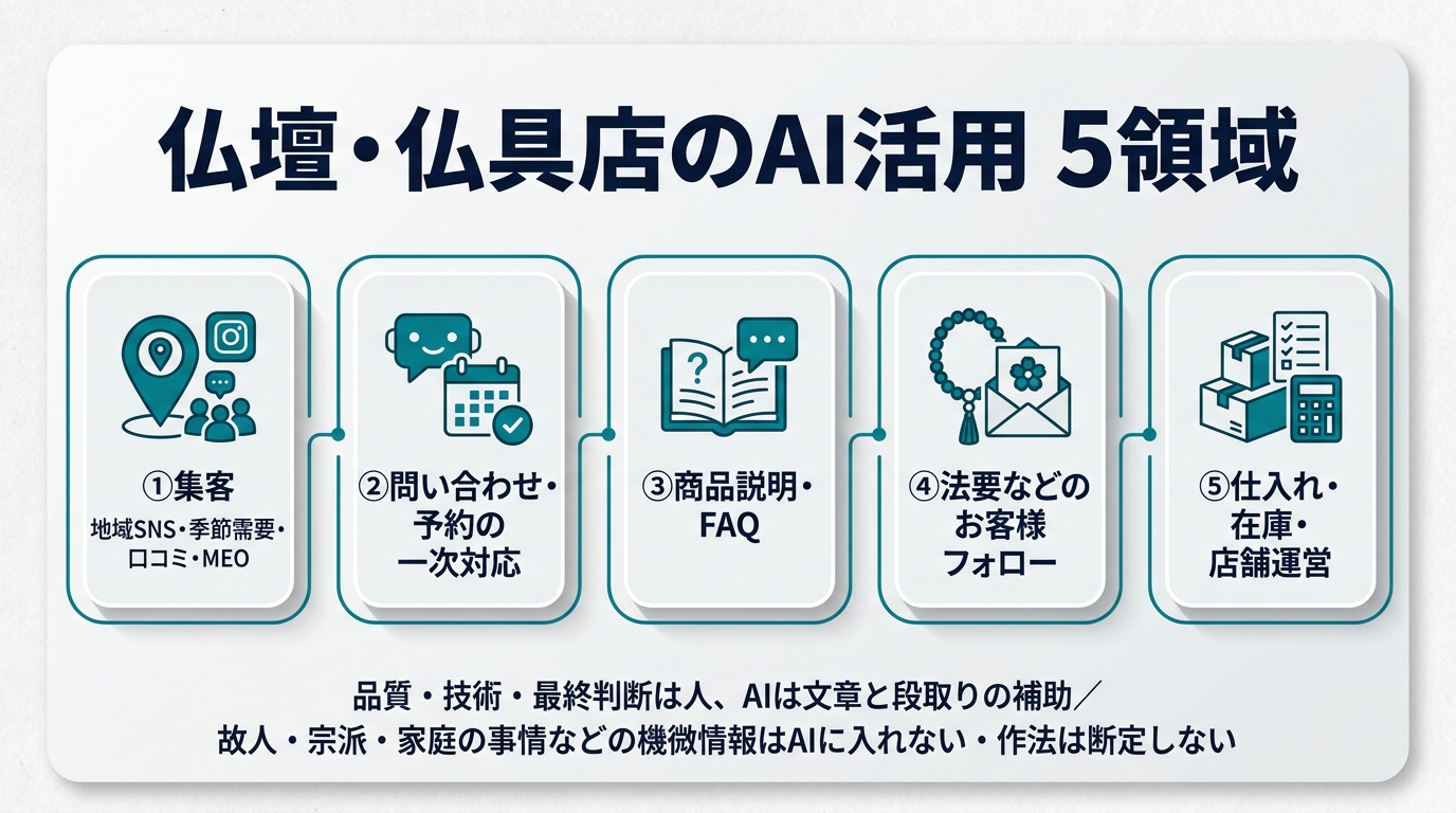仏壇・仏具店のAI活用5領域。①集客(地域SNS・季節需要・口コミ・MEO)②問い合わせ・予約の一次対応 ③商品説明・FAQ ④法要などのお客様フォロー ⑤仕入れ・在庫・店舗運営。品質・技術・最終判断は人、AIは文章と段取りの補助。故人・宗派・家庭の事情などの機微情報はAIに入れない、作法は断定しない。