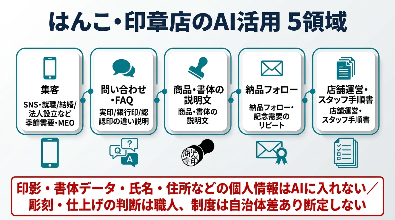 はんこ・印章店のAI活用5領域。①集客（SNS・季節需要・MEO）②問い合わせ・FAQ（実印/銀行印/認印の違い説明）③商品・書体の説明文 ④納品フォロー・記念需要のリピート ⑤店舗運営・スタッフ手順書。印影・書体データ・氏名などの個人情報はAIに入れない、彫刻・仕上げの判断は職人。