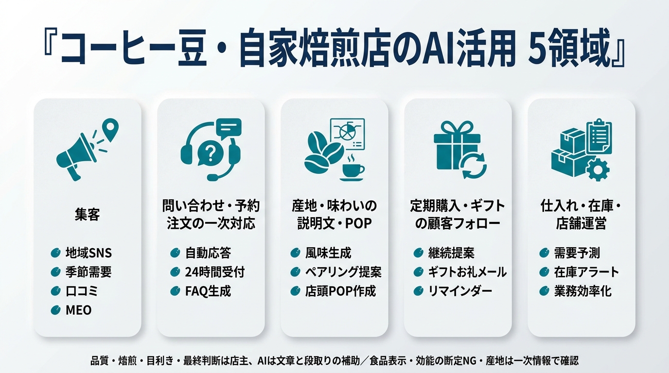コーヒー豆・自家焙煎店のAI活用5領域。①集客(地域SNS・季節需要・口コミ・MEO)②問い合わせ・予約・注文の一次対応 ③産地・味わいの説明文・POP ④定期購入・ギフトの顧客フォロー ⑤仕入れ・在庫・店舗運営。品質・焙煎・目利き・最終判断は店主、AIは文章と段取りの補助、食品表示・効能の断定NG・産地は一次情報で確認。