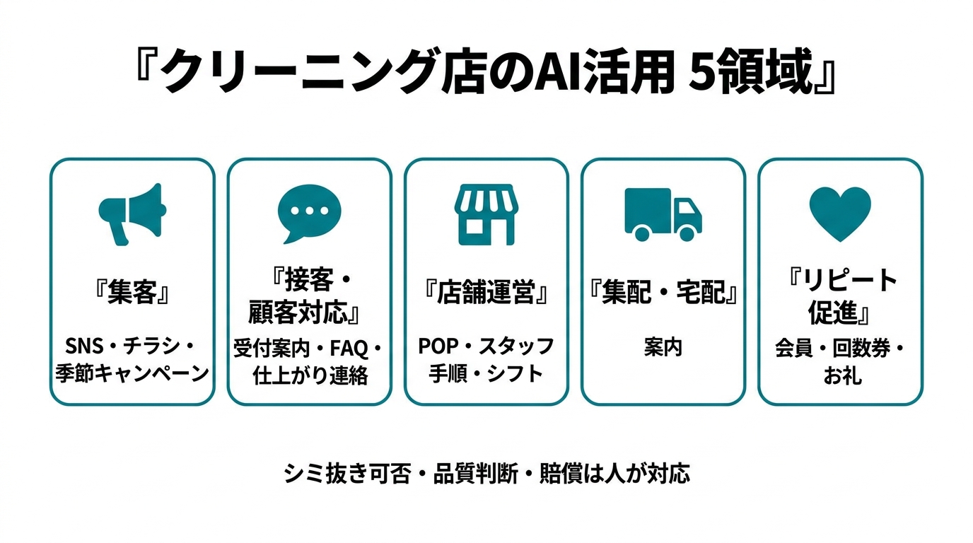 クリーニング店のAI活用5領域。①集客（SNS・チラシ・季節キャンペーン）②接客・顧客対応（受付案内・FAQ・仕上がり連絡）③店舗運営（POP・スタッフ手順・シフト）④集配・宅配の案内 ⑤リピート促進（会員・回数券・お礼）。シミ抜き可否・品質判断・賠償は人が対応。