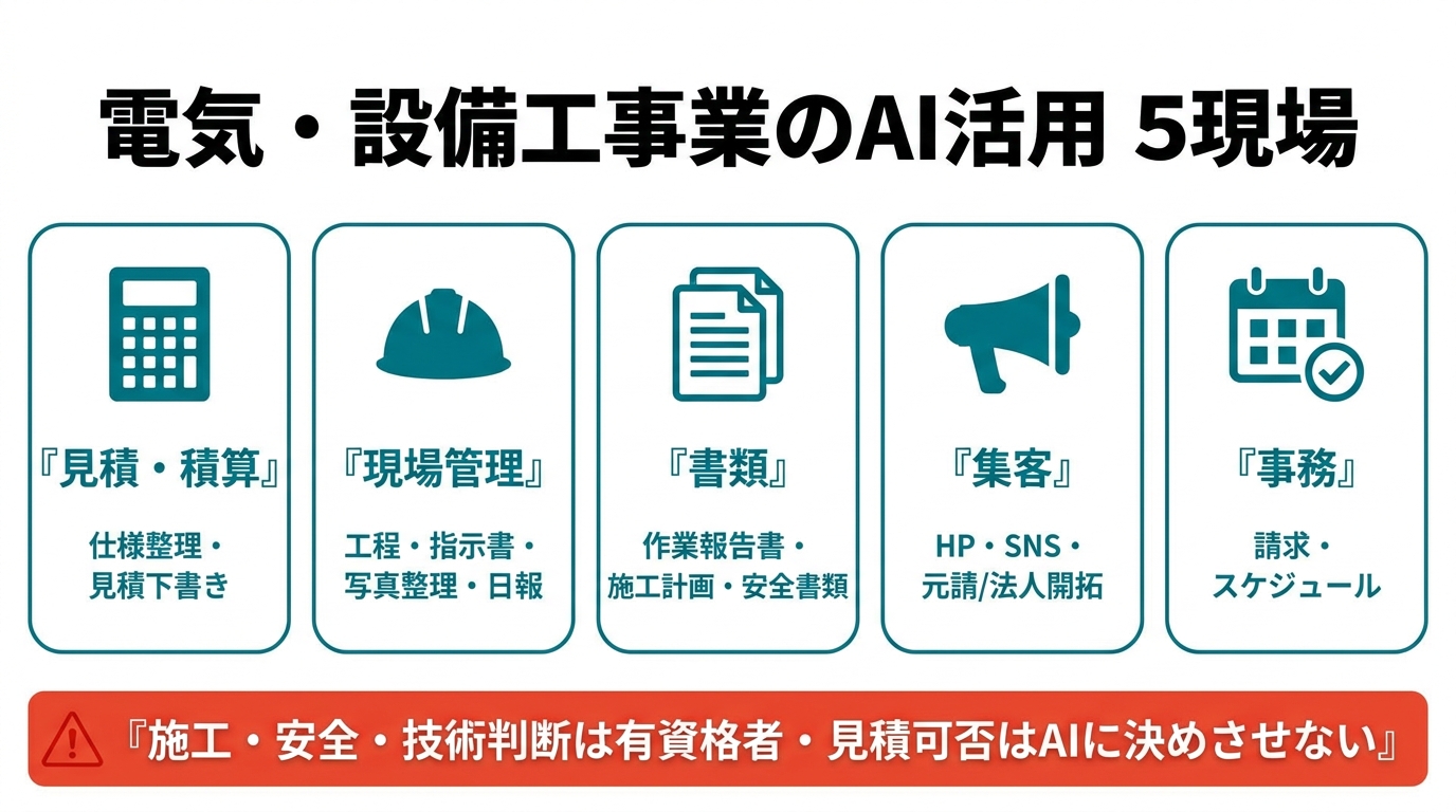 電気・設備工事業のAI活用5現場。①見積・積算（仕様整理・見積下書き）②現場管理（工程・指示書・写真整理・日報）③書類（作業報告書・施工計画・安全書類）④集客（HP・SNS・元請/法人開拓）⑤事務（請求・スケジュール）。施工・安全・技術判断は有資格者、見積可否はAIに決めさせない。
