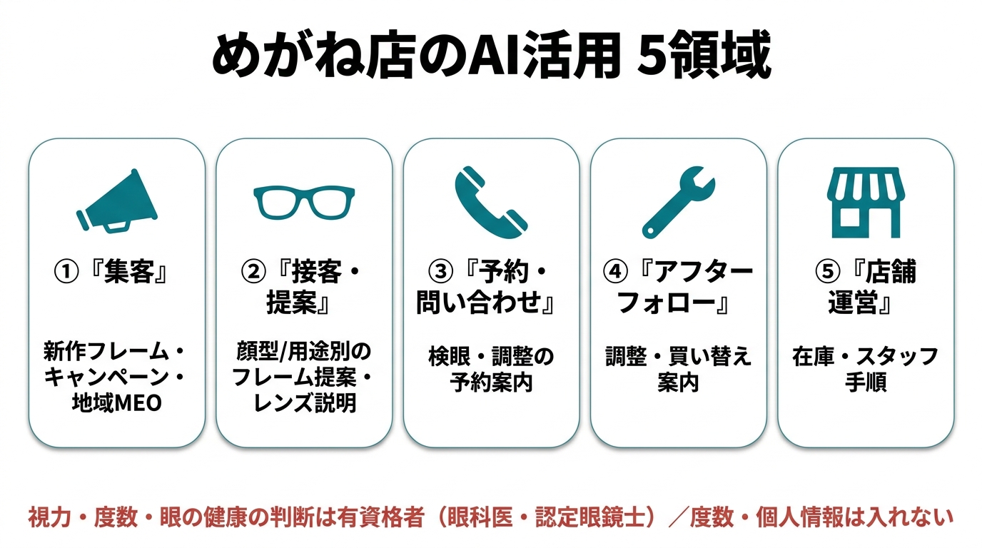 めがね店のAI活用5領域。①集客（新作フレーム・キャンペーン・地域MEO）②接客・提案（顔型/用途別のフレーム提案・レンズ説明）③予約・問い合わせ（検眼・調整の予約案内）④アフターフォロー（調整・買い替え案内）⑤店舗運営（在庫・スタッフ手順）。視力・度数・眼の健康の判断は有資格者（眼科医・認定眼鏡士）、度数・個人情報は入れない。