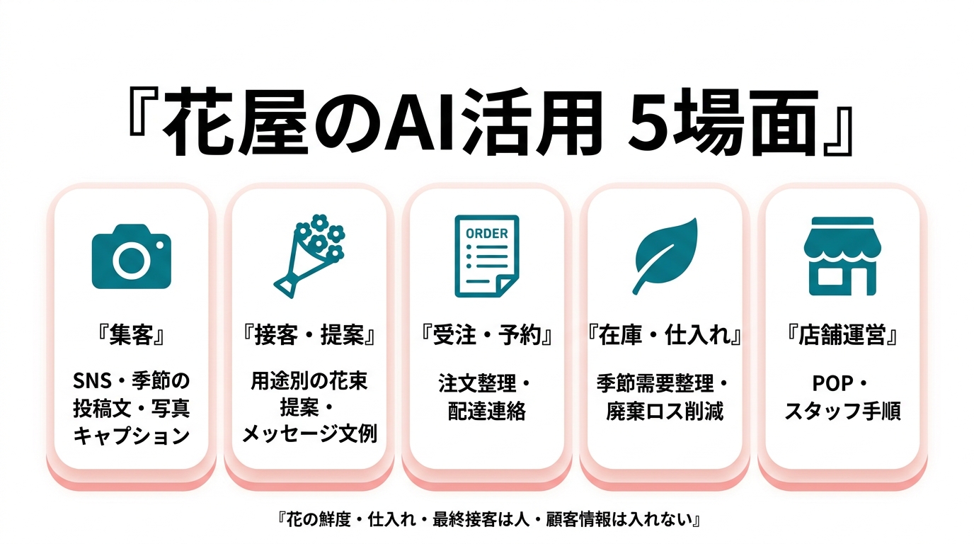 花屋のAI活用5場面。①集客（SNS・季節の投稿文・写真キャプション）②接客・提案（用途別の花束提案・メッセージ文例）③受注・予約（注文整理・配達連絡）④在庫・仕入れ（季節需要整理・廃棄ロス削減）⑤店舗運営（POP・スタッフ手順）。花の鮮度・仕入れ・最終接客は人、顧客情報は入れない。