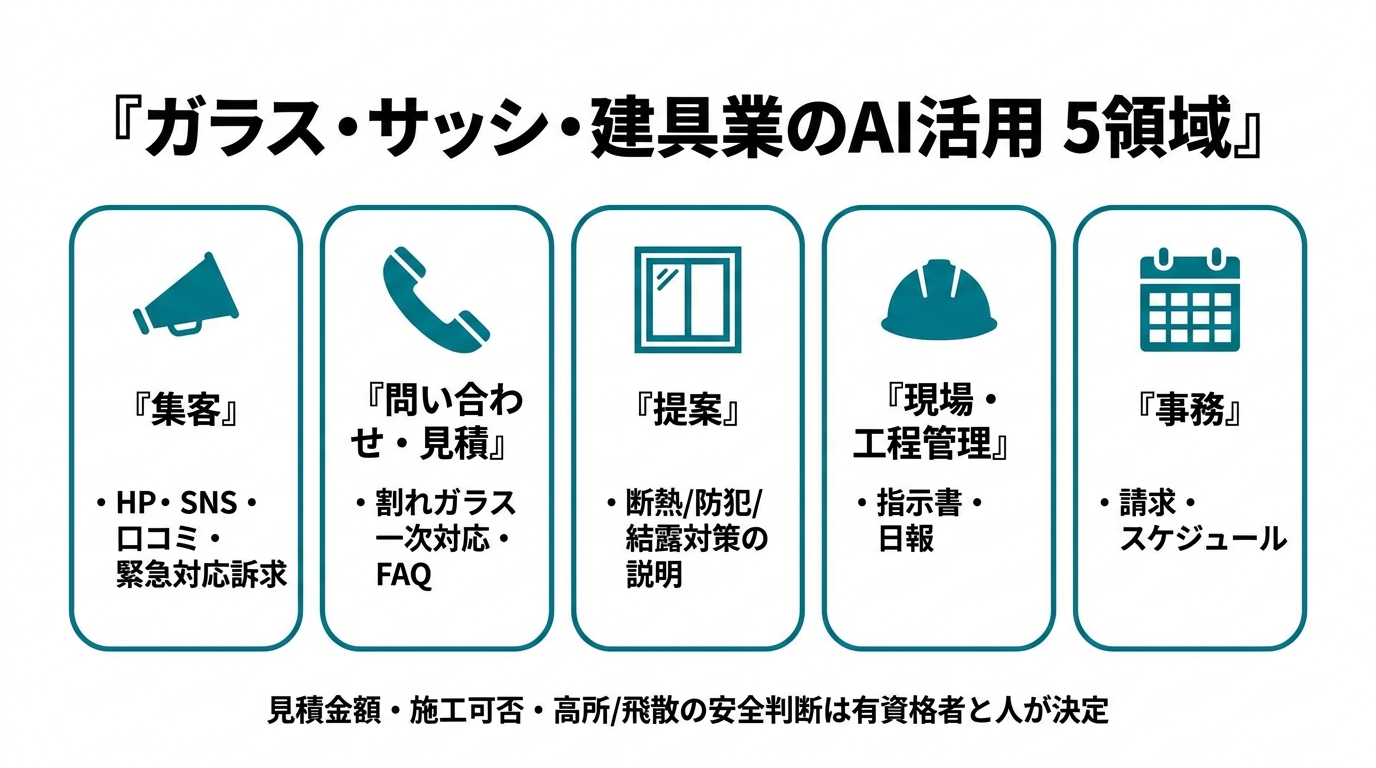 ガラス・サッシ・建具業のAI活用5領域。①集客（HP・SNS・口コミ・緊急対応訴求）②問い合わせ・見積（割れガラス一次対応・FAQ）③提案（断熱/防犯/結露対策の説明）④現場・工程管理（指示書・日報）⑤事務（請求・スケジュール）。見積金額・施工可否・高所/飛散の安全判断は有資格者と人が決定。