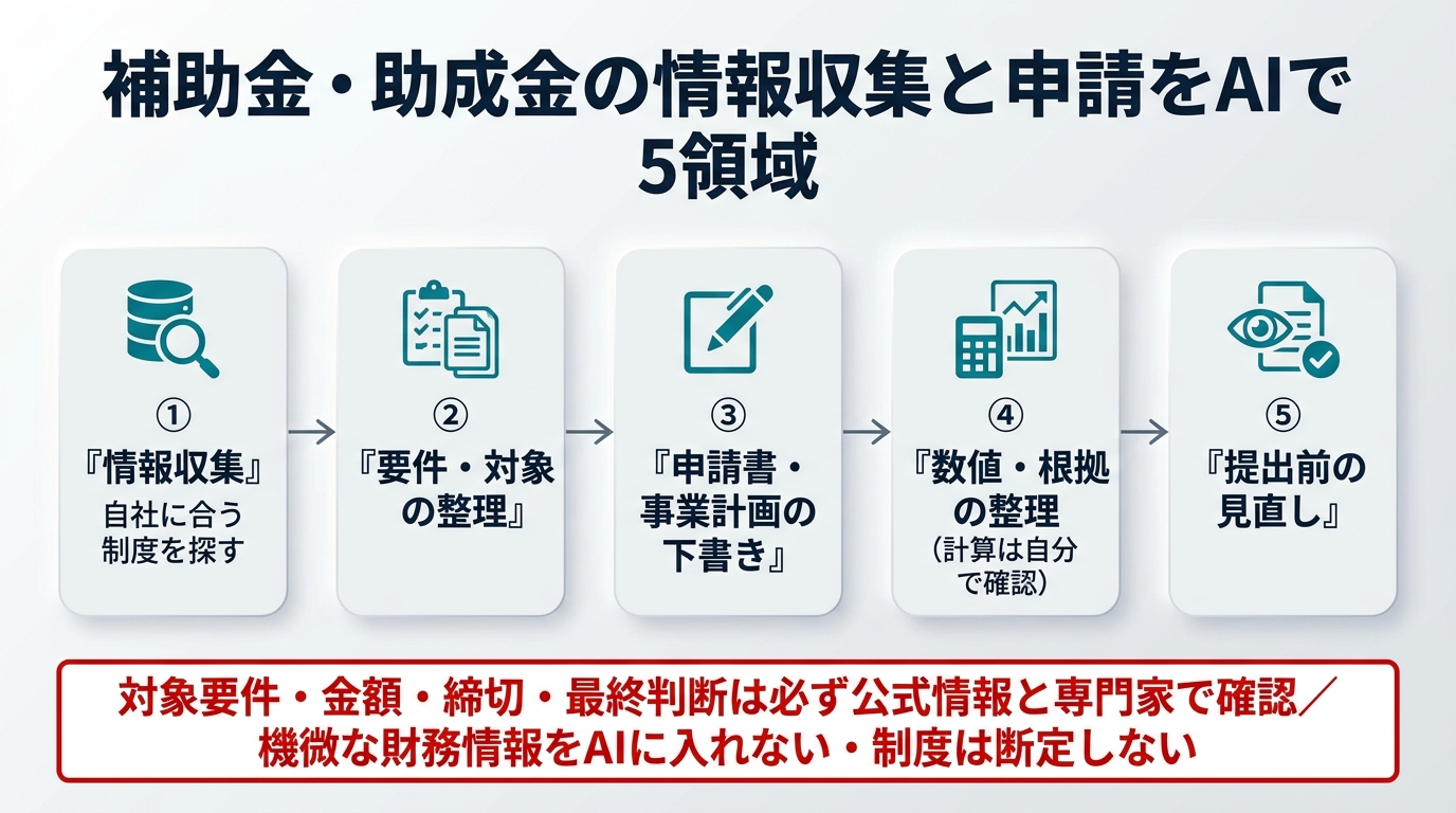 補助金・助成金の情報収集と申請をAIで進める5領域。①情報収集(自社に合う制度を探す)②要件・対象の整理 ③申請書・事業計画の下書き ④数値・根拠の整理(計算は自分で確認)⑤提出前の見直し。対象要件・金額・締切・最終判断は必ず公式情報と専門家で確認、機微な財務情報をAIに入れない、制度は断定しない。