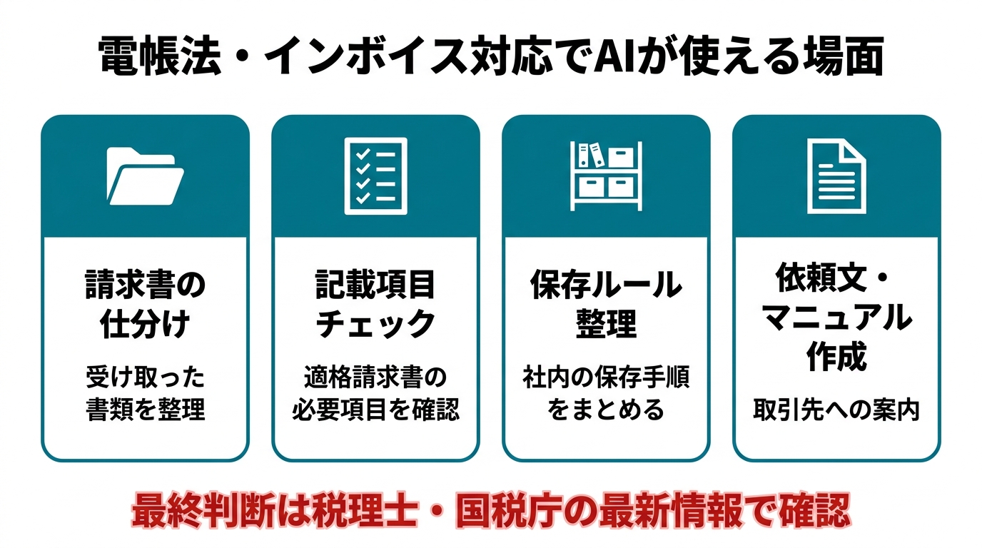 電帳法・インボイス対応でAIが使える場面。①請求書の仕分け②適格請求書の記載項目チェック③保存ルールの社内整理④取引先への依頼文・マニュアル作成。最終判断は税理士・国税庁の最新情報で確認する。
