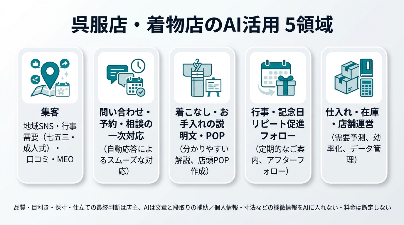 呉服店・着物店のAI活用5領域。①集客(地域SNS・行事需要(七五三・成人式)・口コミ・MEO)②問い合わせ・予約・相談の一次対応 ③着こなし・お手入れの説明文・POP ④行事・記念日のリピート促進フォロー ⑤仕入れ・在庫・店舗運営。品質・目利き・採寸・仕立ての最終判断は店主、AIは文章と段取りの補助。個人情報・寸法などの機微情報をAIに入れない、料金は断定しない。