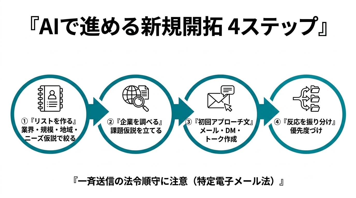 AIで進める新規開拓の4ステップ。①リストを作る（業界・規模・地域・ニーズ仮説で絞る）②企業を調べ課題仮説を立てる③初回アプローチ文（メール・DM・トーク）を作る④反応を振り分け優先度づけ。一斉送信は特定電子メール法等の法令順守に注意。