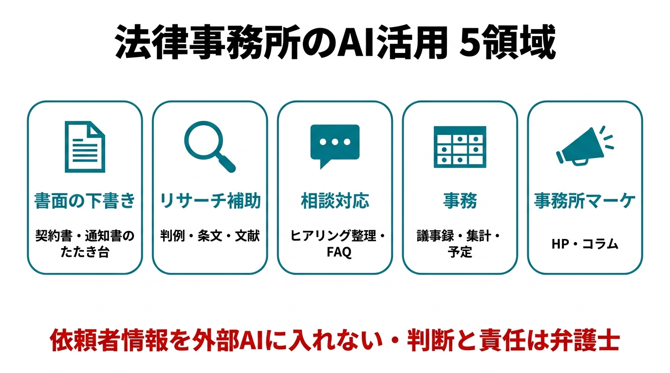 法律事務所のAI活用5領域。①書面の下書き（契約書・通知書のたたき台）②リサーチ補助（判例・条文・文献）③相談対応（ヒアリング整理・FAQ）④事務（議事録・集計・予定）⑤事務所マーケ（HP・コラム）。依頼者情報を外部AIに入れない・判断と責任は弁護士。