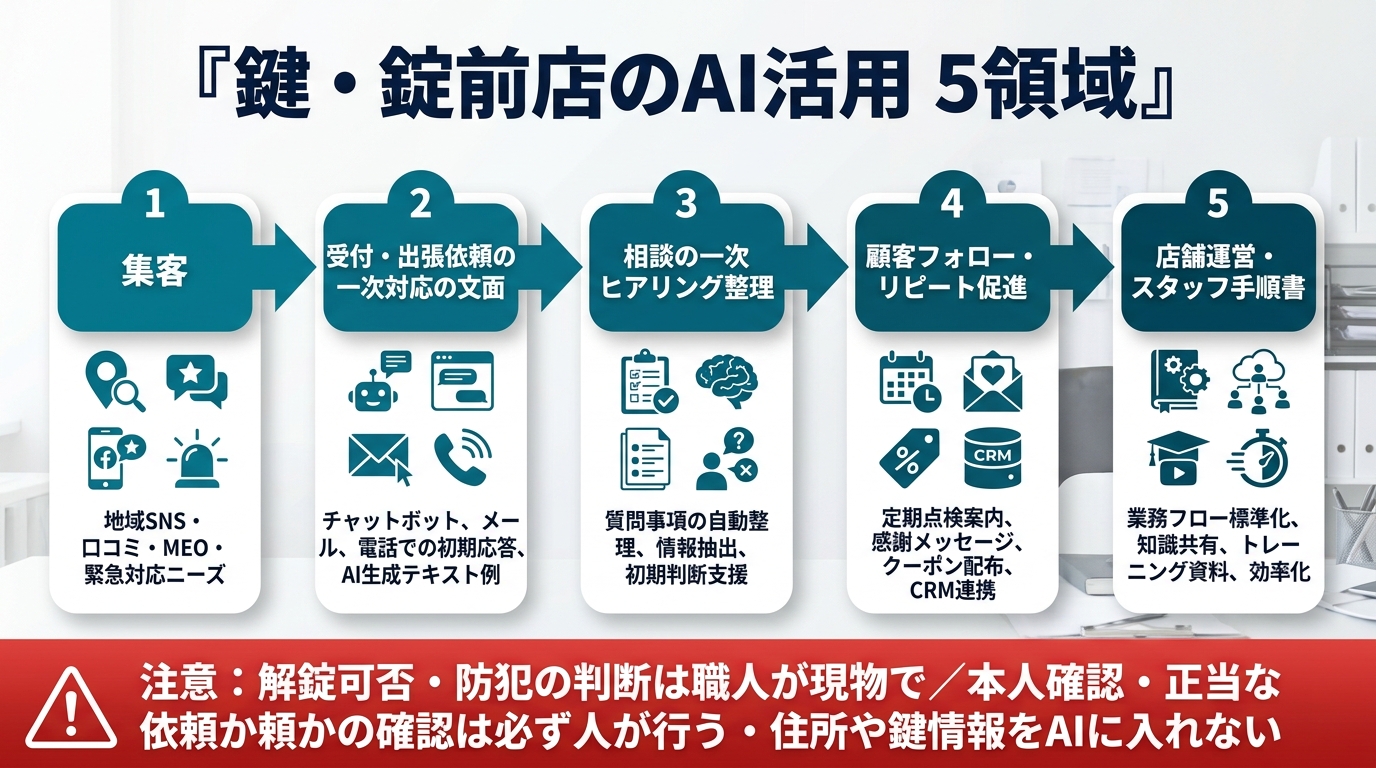 鍵・錠前店のAI活用5領域。①集客(地域SNS・口コミ・MEO・緊急対応ニーズ)②受付・出張依頼の一次対応の文面 ③相談の一次ヒアリング整理(可否は職人)④顧客フォロー・リピート促進 ⑤店舗運営・スタッフ手順書。解錠可否・防犯の判断は職人が現物で、本人確認・正当な依頼かの確認は必ず人が行う、住所や鍵情報をAIに入れない。