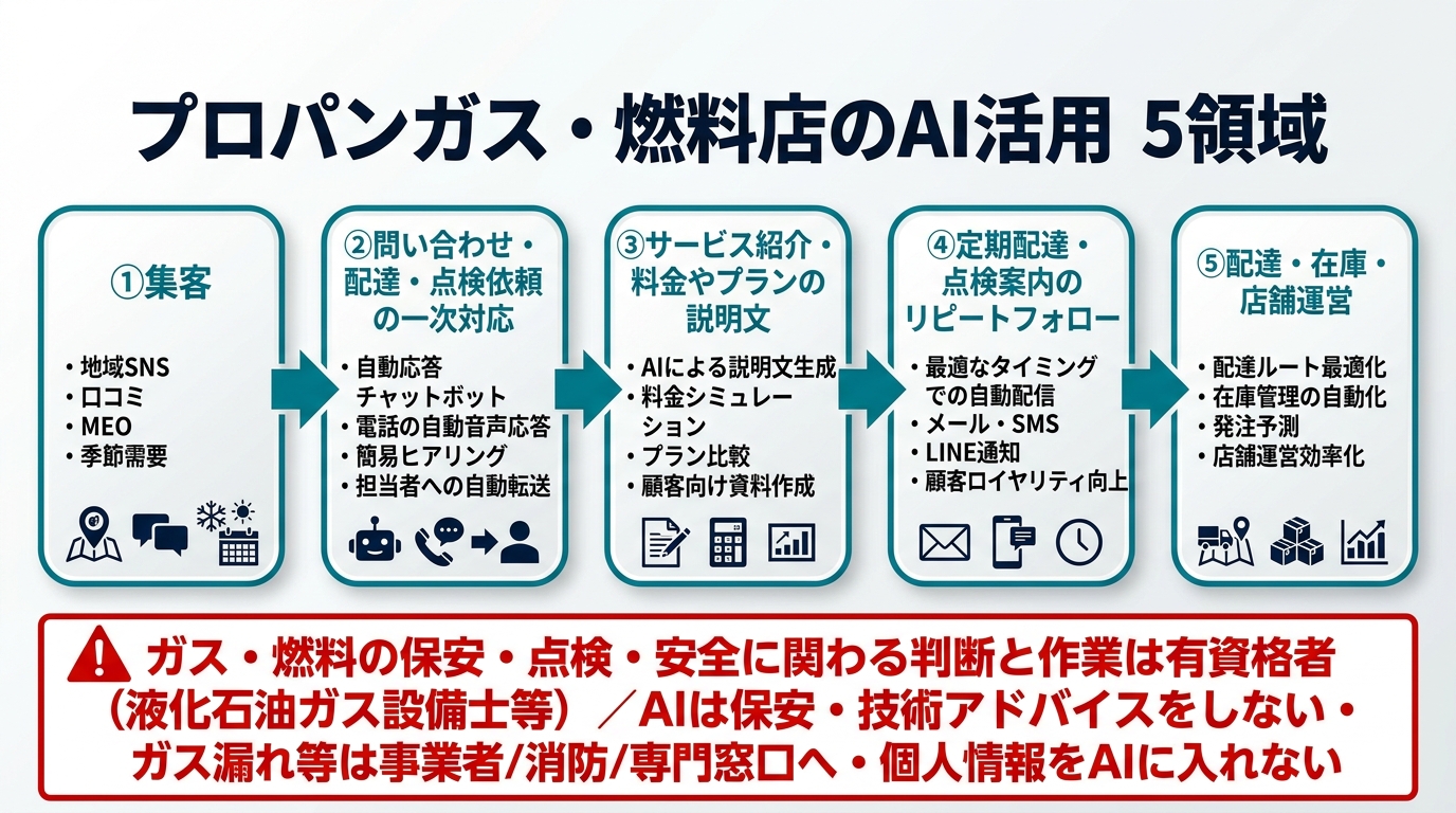 プロパンガス・燃料店のAI活用5領域。①集客(地域SNS・口コミ・MEO・季節需要)②問い合わせ・配達・点検依頼の一次対応 ③サービス紹介・料金やプランの説明文 ④定期配達・点検案内のリピートフォロー ⑤配達・在庫・店舗運営。ガス・燃料の保安・点検・安全に関わる判断と作業は有資格者(液化石油ガス設備士等)、AIは保安・技術アドバイスをしない、ガス漏れ等は事業者/消防/専門窓口へ。