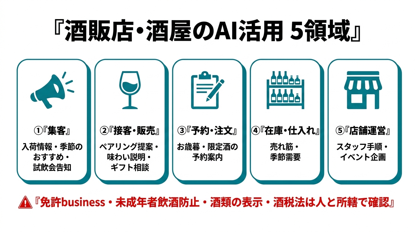 酒販店・酒屋のAI活用5領域。①集客（入荷情報・季節のおすすめ・試飲会告知）②接客・販売（ペアリング提案・味わい説明・ギフト相談）③予約・注文（お歳暮・限定酒の予約案内）④在庫・仕入れ（売れ筋・季節需要）⑤店舗運営（スタッフ手順・イベント企画）。免許business・未成年者飲酒防止・酒類の表示・酒税法は人と所轄で確認。