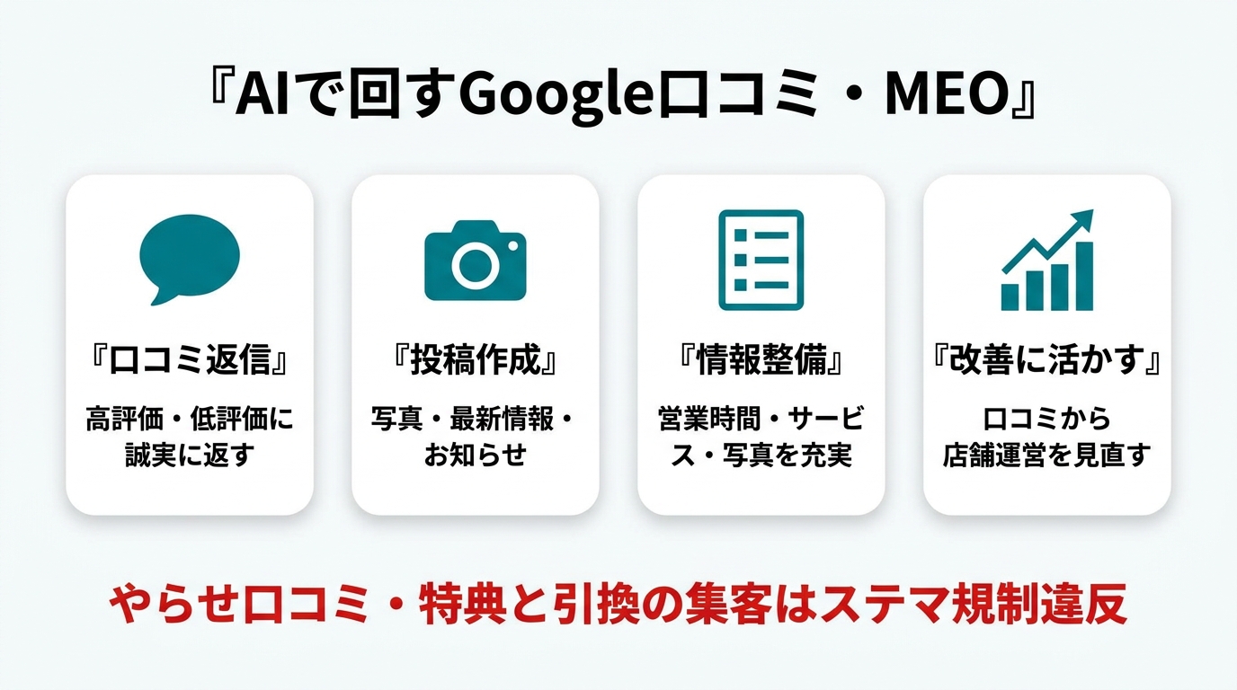 AIで回すGoogle口コミ・MEOの4つの使い方。①口コミ返信（高評価・低評価に誠実に）②投稿作成（写真・最新情報・お知らせ）③情報整備（営業時間・サービス・写真を充実）④改善に活かす（口コミから店舗運営を見直す）。やらせ口コミ・特典と引換の集客はステマ規制違反。