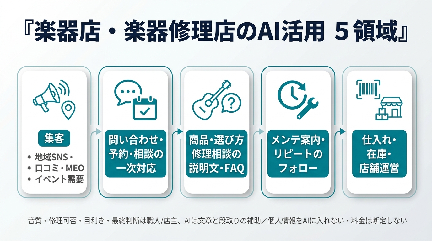 楽器店・楽器修理店のAI活用5領域。①集客(地域SNS・口コミ・MEO・イベント需要)②問い合わせ・予約・相談の一次対応 ③商品・選び方・修理相談の説明文・FAQ ④メンテ案内・リピートのフォロー ⑤仕入れ・在庫・店舗運営。音質・修理可否・目利き・最終判断は職人/店主、AIは文章と段取りの補助、個人情報をAIに入れない・料金は断定しない。