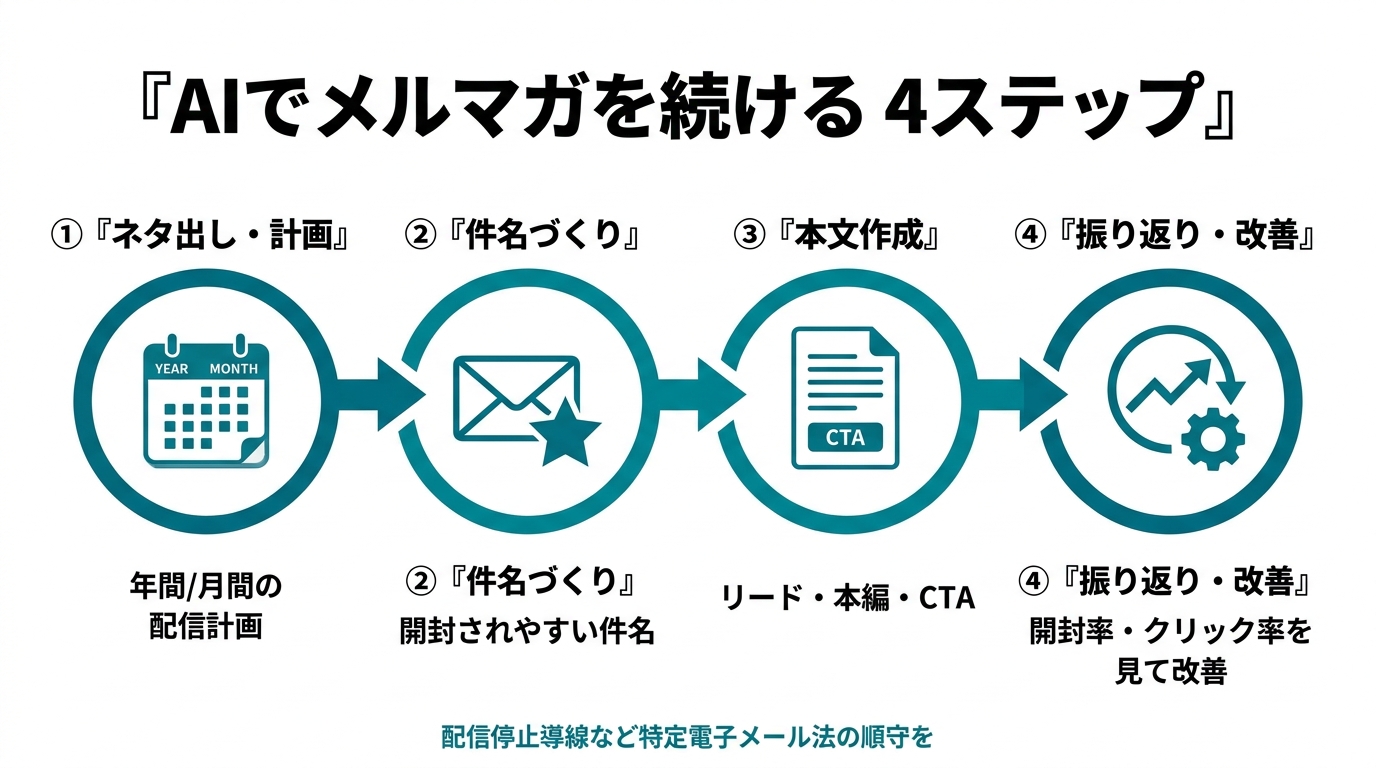 AIでメルマガを続ける4ステップ。①ネタ出し・計画（年間/月間の配信計画）②件名づくり（開封されやすい件名）③本文作成（リード・本編・CTA）④振り返り・改善（開封率・クリック率を見て改善）。配信停止導線など特定電子メール法の順守を。