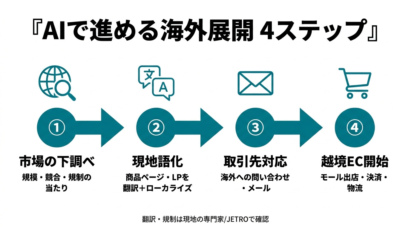 AIで進める海外展開の4ステップ。①市場の下調べ（規模・競合・規制の当たり）②現地語化（商品ページ・LPを翻訳＋ローカライズ）③取引先対応（海外への問い合わせ・メール）④越境EC開始（モール出店・決済・物流）。翻訳・規制は現地の専門家/JETROで確認。