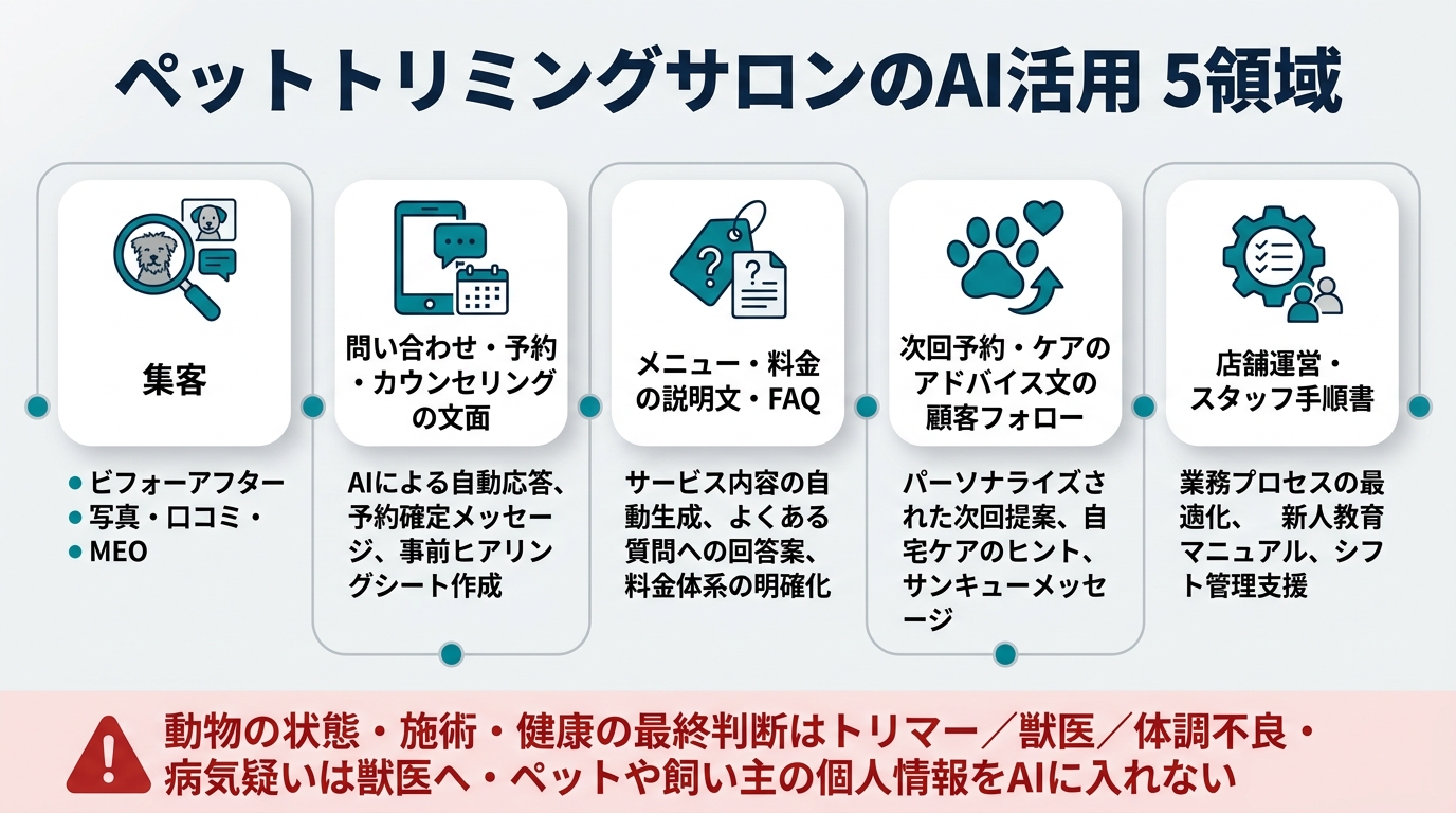 ペットトリミングサロンのAI活用5領域。①集客(ビフォーアフター写真・口コミ・MEO)②問い合わせ・予約・カウンセリングの文面 ③メニュー・料金の説明文・FAQ ④次回予約・ケアのアドバイス文の顧客フォロー ⑤店舗運営・スタッフ手順書。動物の状態・施術・健康の最終判断はトリマー/獣医、体調不良・病気疑いは獣医へ、ペットや飼い主の個人情報をAIに入れない。