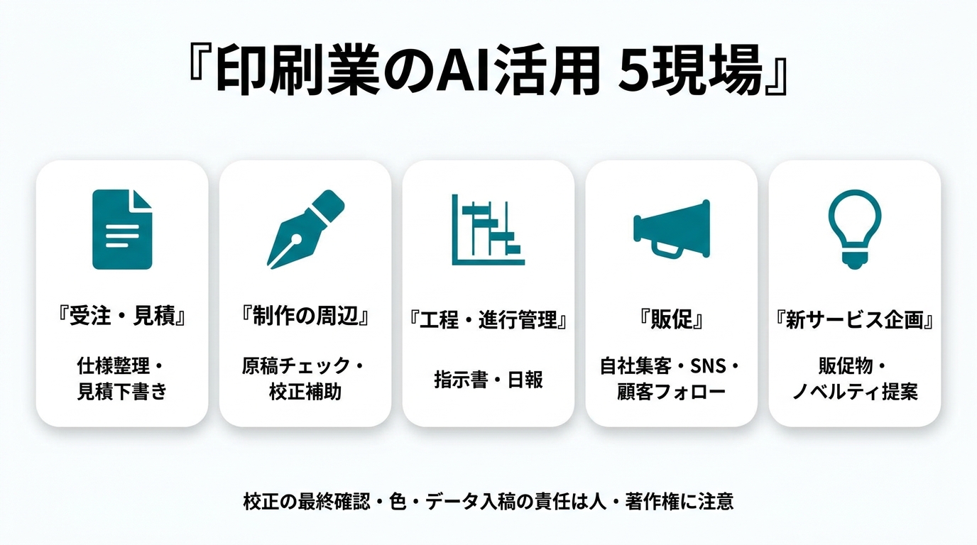 印刷業のAI活用5現場。①受注・見積（仕様整理・見積下書き）②制作の周辺（原稿チェック・校正補助）③工程・進行管理（指示書・日報）④販促（自社集客・SNS・顧客フォロー）⑤新サービス企画（販促物・ノベルティ提案）。校正の最終確認・色・データ入稿の責任は人、著作権に注意。