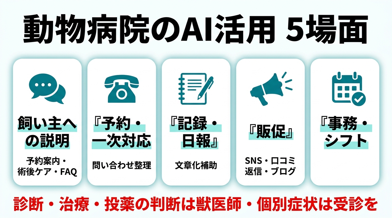 動物病院のAI活用5場面。①飼い主への説明（予約案内・術後ケア・FAQ）②予約・一次対応（問い合わせ整理）③記録・日報（文章化補助）④販促（SNS・口コミ返信・ブログ）⑤事務・シフト。診断・治療・投薬の判断は獣医師、個別症状は受診を。
