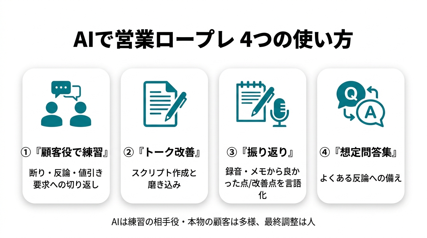 AIで営業ロープレの4つの使い方。①顧客役で練習（断り・反論・値引き要求への切り返し）②トーク改善（スクリプト作成と磨き込み）③振り返り（録音・メモから良かった点/改善点を言語化）④想定問答集（よくある反論への備え）。AIは練習の相手役で最終調整は人。