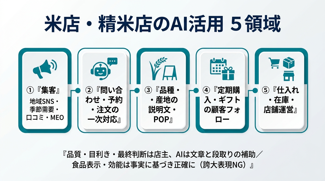 米店・精米店のAI活用5領域。①集客(地域SNS・季節需要・口コミ・MEO)②問い合わせ・予約・注文の一次対応 ③品種・産地の説明文・POP ④定期購入・ギフトの顧客フォロー ⑤仕入れ・在庫・店舗運営。品質・目利き・最終判断は店主、AIは文章と段取りの補助。食品表示・効能は事実に基づき正確に(誇大表現NG)。