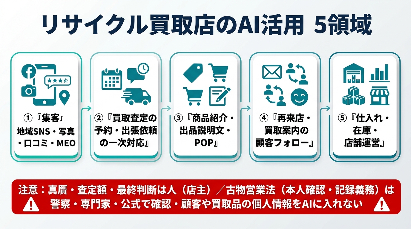 リサイクル買取店のAI活用5領域。①集客(地域SNS・写真・口コミ・MEO)②買取査定の予約・出張依頼の一次対応 ③商品紹介・出品説明文・POP ④再来店・買取案内の顧客フォロー ⑤仕入れ・在庫・店舗運営。真贋・査定額・最終判断は人(店主)、古物営業法(本人確認・記録義務)は警察・専門家・公式で確認、顧客や買取品の個人情報をAIに入れない。