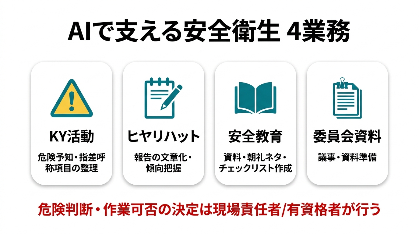 AIで支える安全衛生の4業務。①KY活動（危険予知・指差呼称項目の整理）②ヒヤリハット（報告の文章化・傾向把握）③安全教育（資料・朝礼ネタ・チェックリスト作成）④委員会資料（議事・資料準備）。危険判断・作業可否の決定は現場責任者/有資格者が行う。